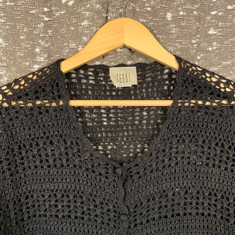 Teddi Vintage Black Crochet Knit Floral Embroidered Short Sleeve Cardigan Top